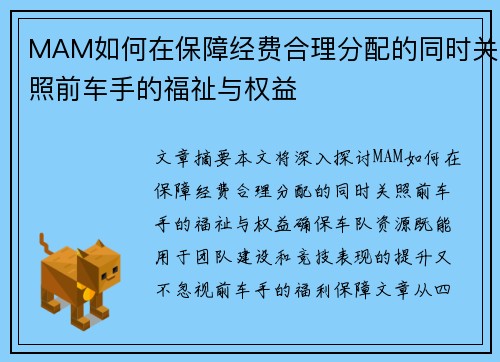 MAM如何在保障经费合理分配的同时关照前车手的福祉与权益
