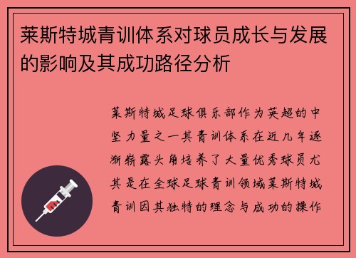 莱斯特城青训体系对球员成长与发展的影响及其成功路径分析
