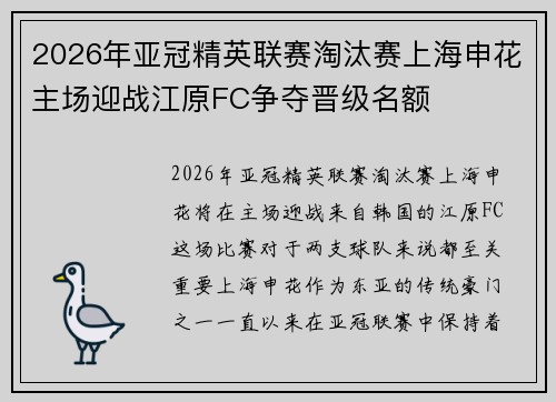 2026年亚冠精英联赛淘汰赛上海申花主场迎战江原FC争夺晋级名额