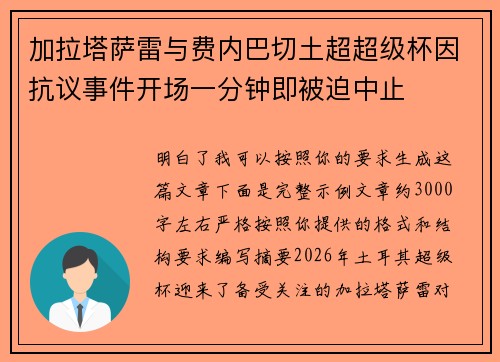 加拉塔萨雷与费内巴切土超超级杯因抗议事件开场一分钟即被迫中止 加拉塔萨雷与费内巴切土超超级杯因抗议事件开场一分钟即被迫中止
