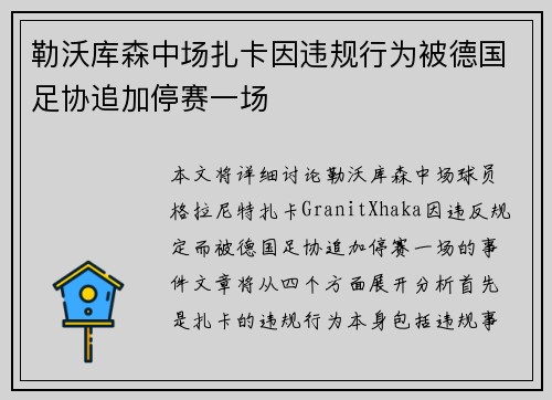 勒沃库森中场扎卡因违规行为被德国足协追加停赛一场